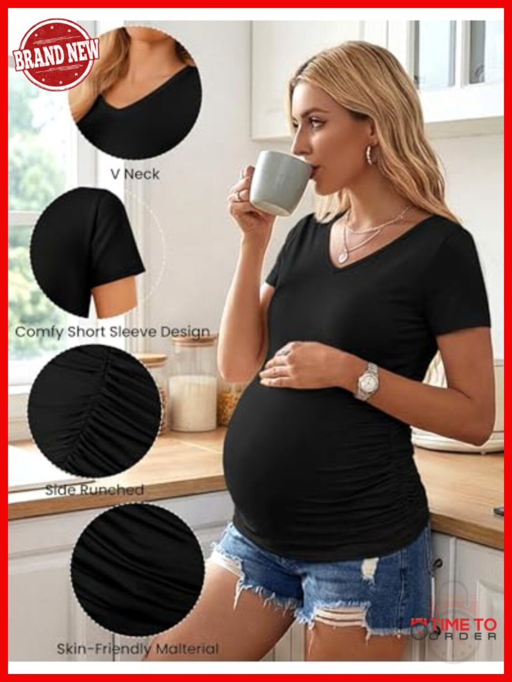 4 Pack Maternity V Neck Short Sleeve Side Ruched T-Shirts - Picture 3 of 6